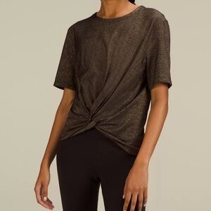 Lululemon Athletica Gold Metallic Sparkle Crescent Tee w Twist Knot Front Top 4